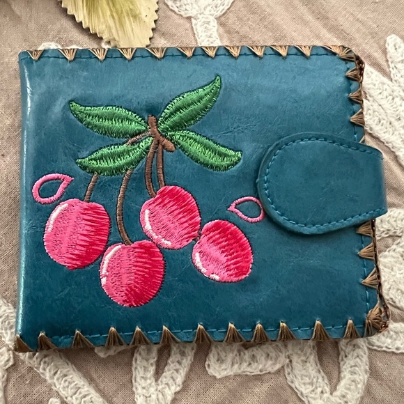 Women’s/girls wallet, blue with pink and red cherries 4 x 4 1/2“ by lavishly NWT - Picture 1 of 3